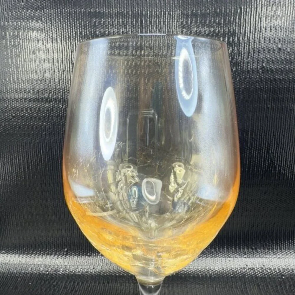 Pier 1 Crackle Glass Goblet Glasses Cups Stemware Gold Yellows Luster Finish VTG